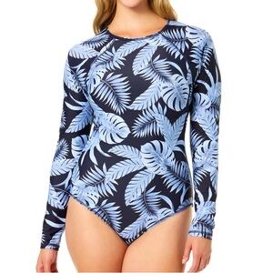 NWT Hurley Long-Sleeve Navy & Light Blue Tropical One-Piece Swimsuit